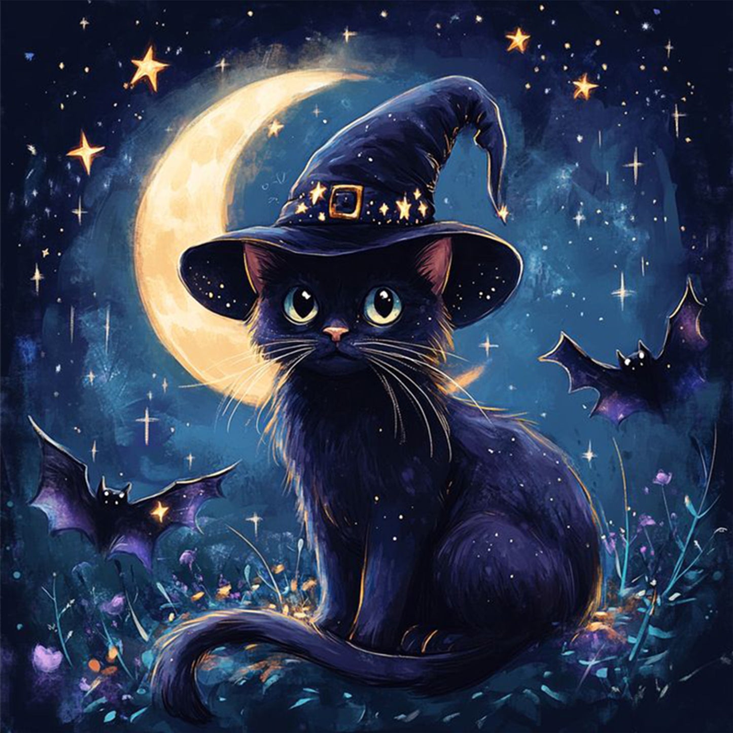 Black Cat - Full 11CT Stamped Cross Stitch 40x40CM - Huacan