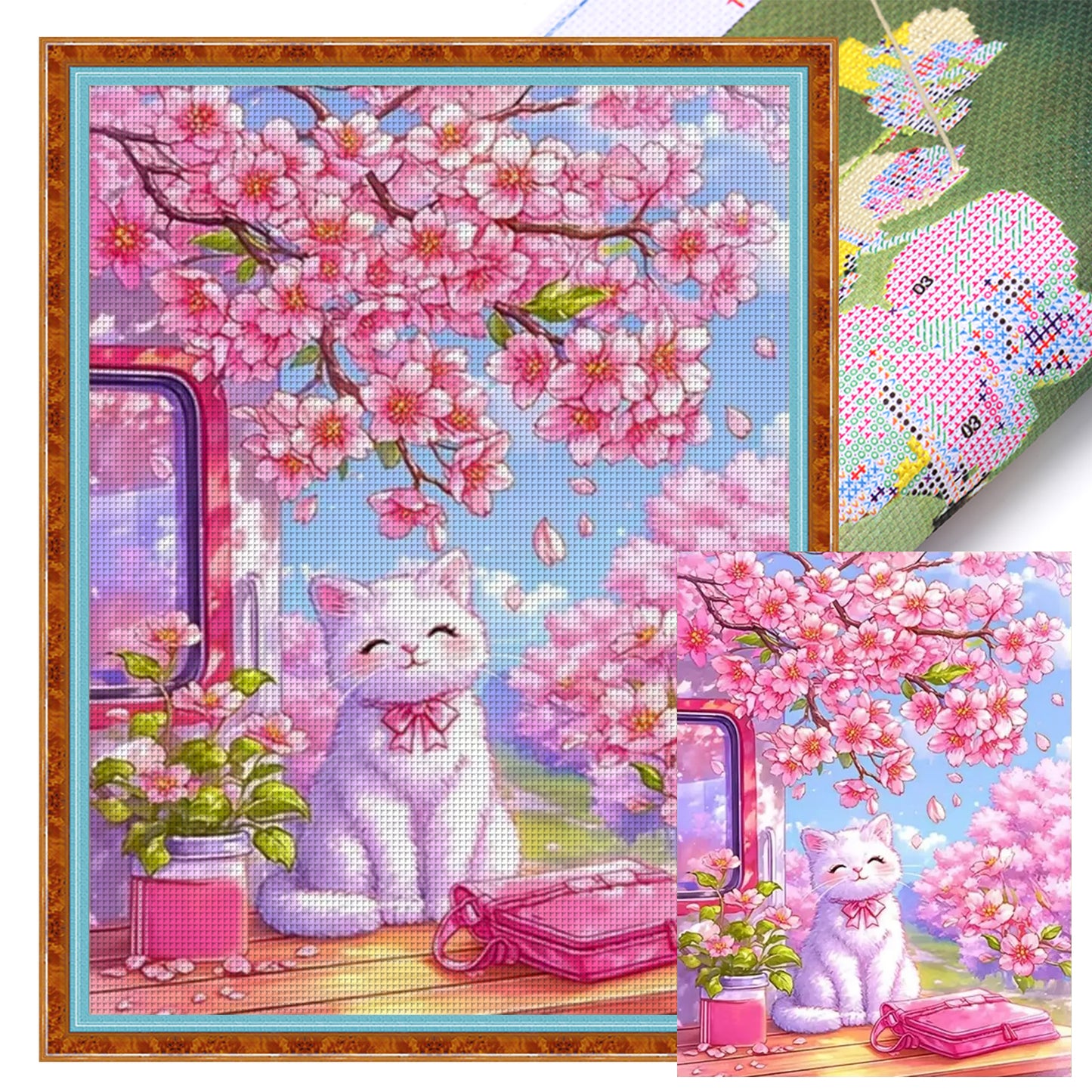 Cat Under Peach Blossoms - Full 14CT Stamped Cross Stitch 45x60CM - Huacan