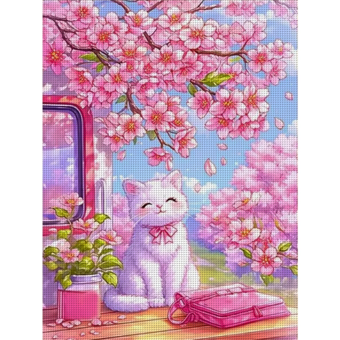 Cat Under Peach Blossoms - Full 14CT Stamped Cross Stitch 45x60CM - Huacan