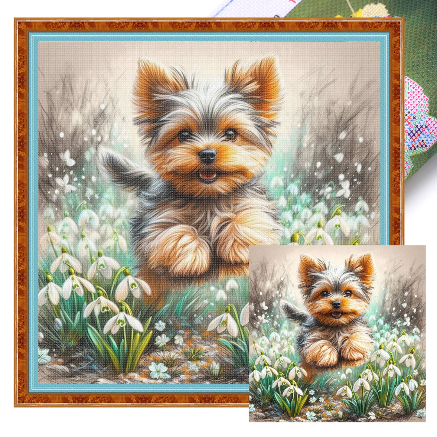 Yorkshire Terrier And Lily Of The Valley - Full 11CT Stamped Cross Stitch 40x40CM - Huacan