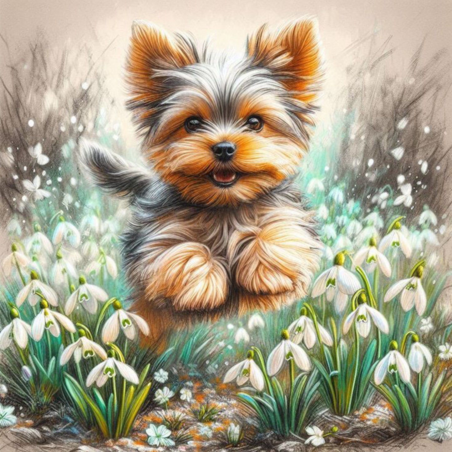Yorkshire Terrier And Lily Of The Valley - Full 11CT Stamped Cross Stitch 40x40CM - Huacan
