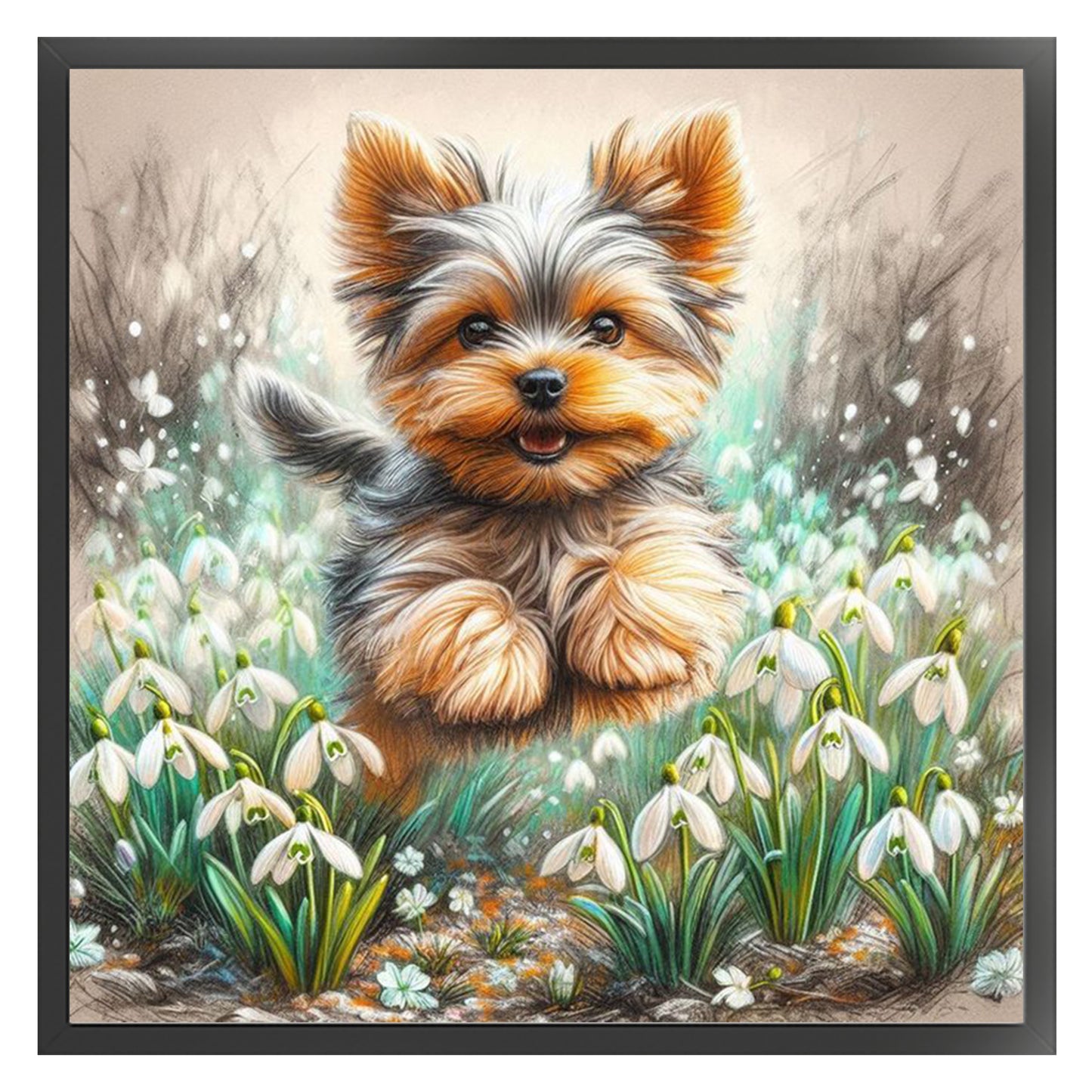 Yorkshire Terrier And Lily Of The Valley - Full 11CT Stamped Cross Stitch 40x40CM - Huacan