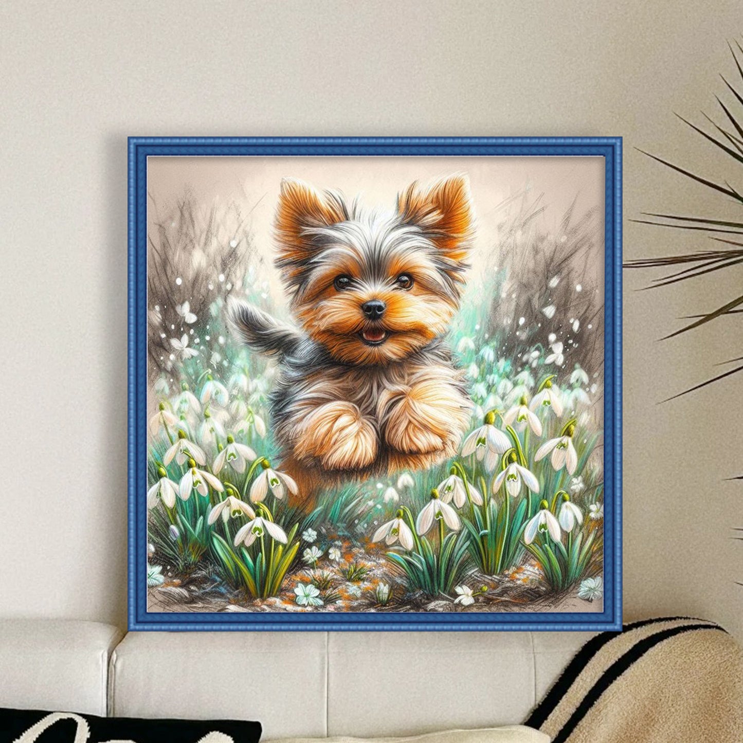 Yorkshire Terrier And Lily Of The Valley - Full 11CT Stamped Cross Stitch 40x40CM - Huacan