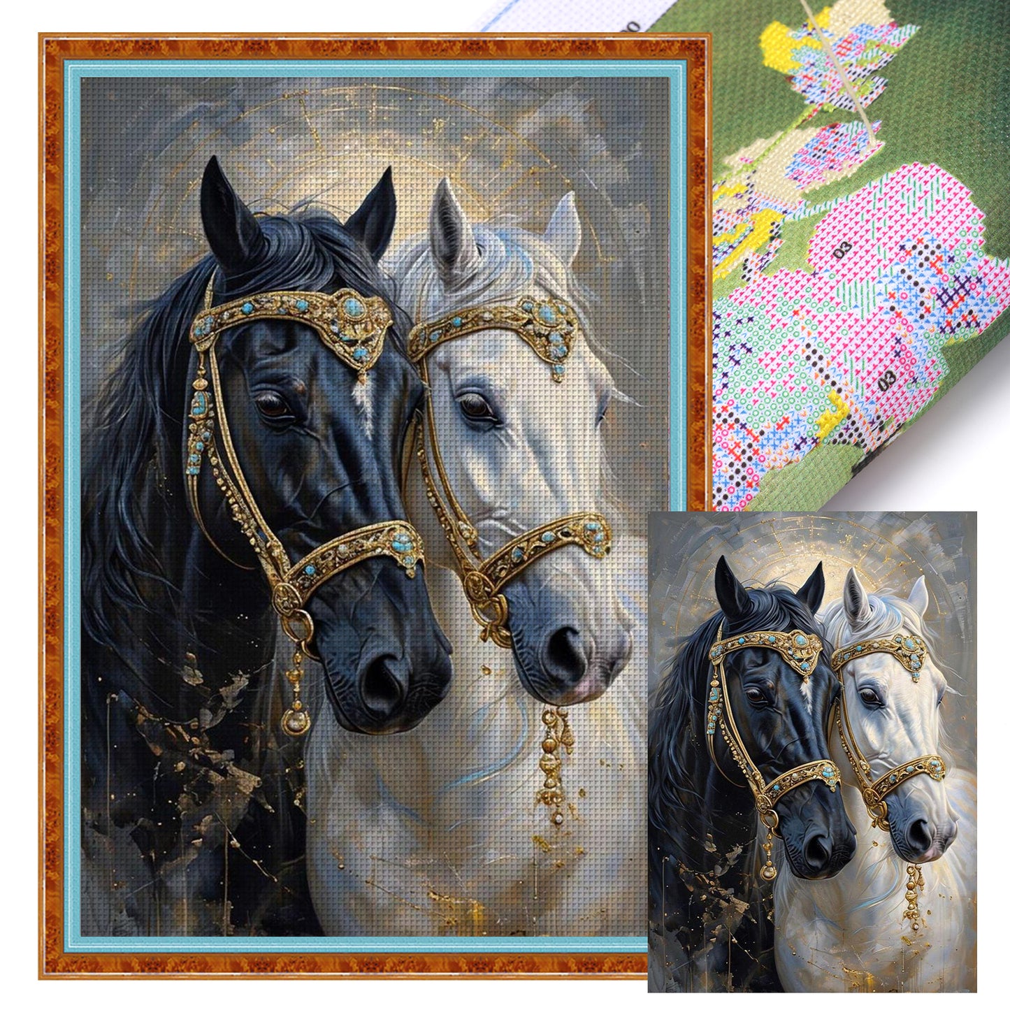 Black And White Horse - Full 11CT Stamped Cross Stitch 40x60CM - Huacan