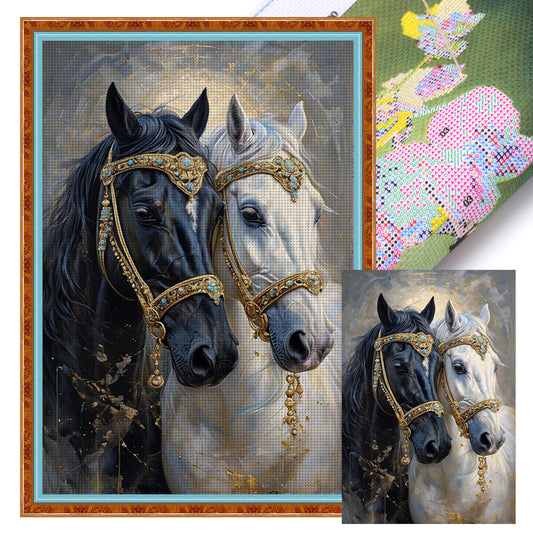 Black And White Horse - Full 11CT Stamped Cross Stitch 40x60CM - Huacan