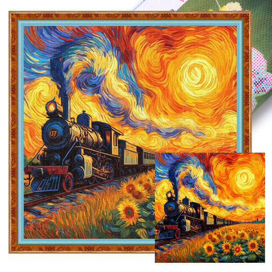 Train In Flower Field - Full 11CT Stamped Cross Stitch 45x45CM - Huacan