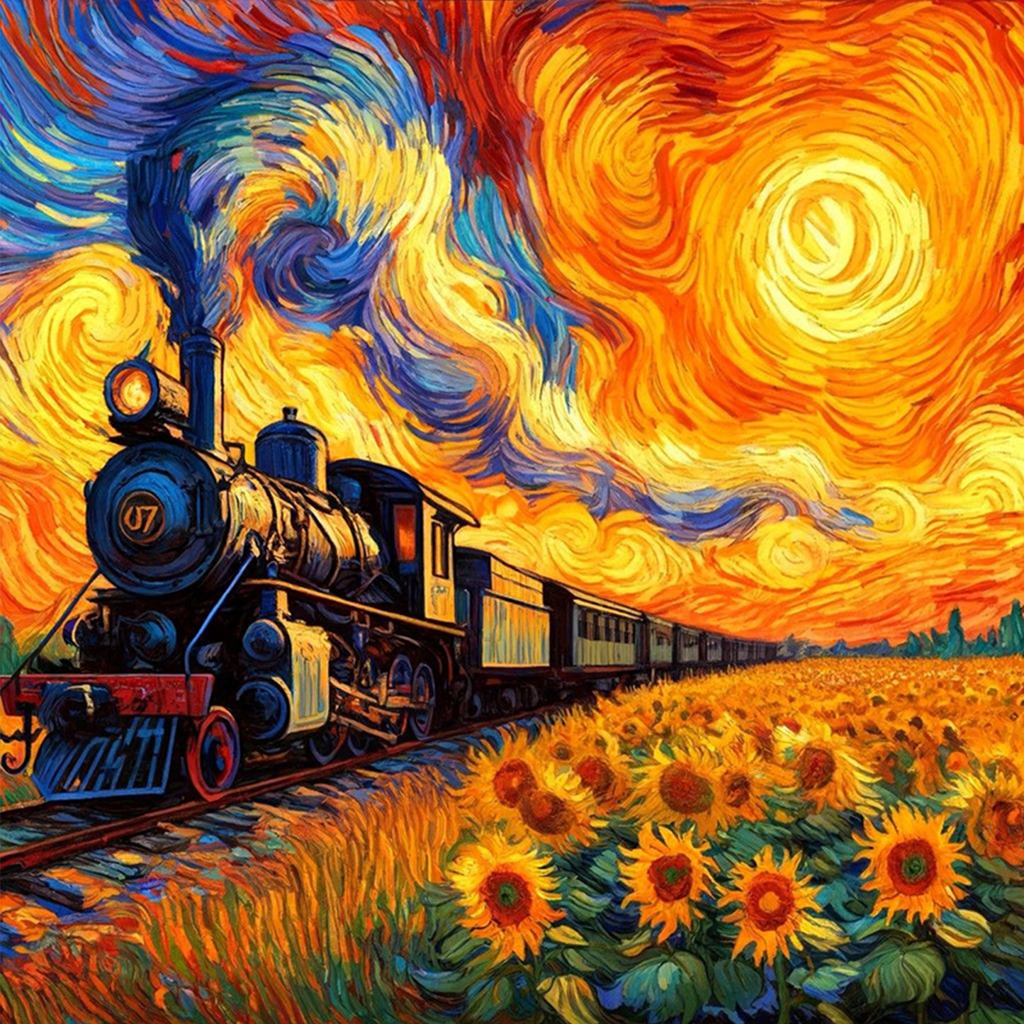 Train In Flower Field - Full 11CT Stamped Cross Stitch 45x45CM - Huacan