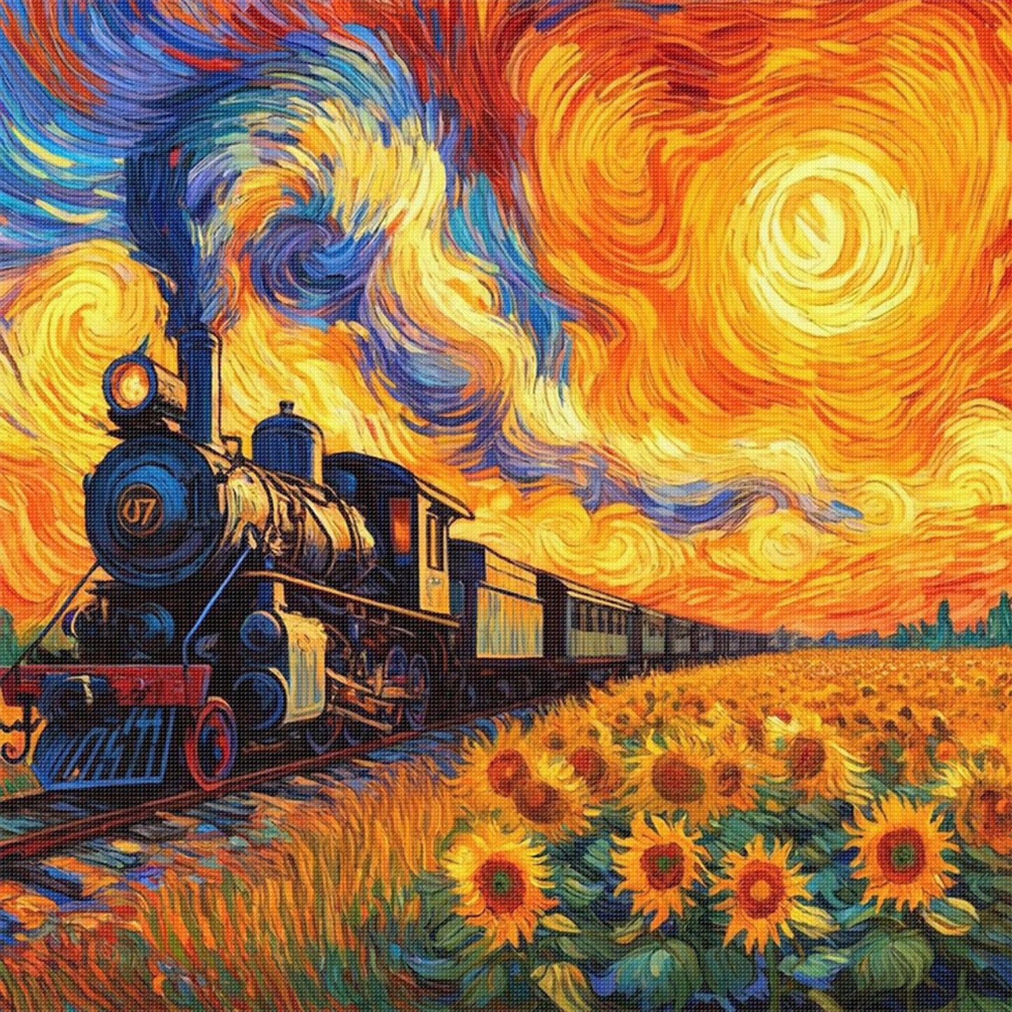 Train In Flower Field - Full 11CT Stamped Cross Stitch 45x45CM - Huacan