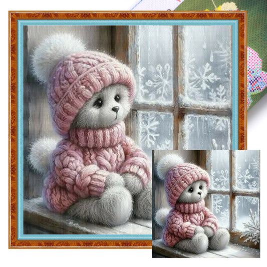 Bear By Window - Full 11CT Stamped Cross Stitch 40x40CM - Huacan