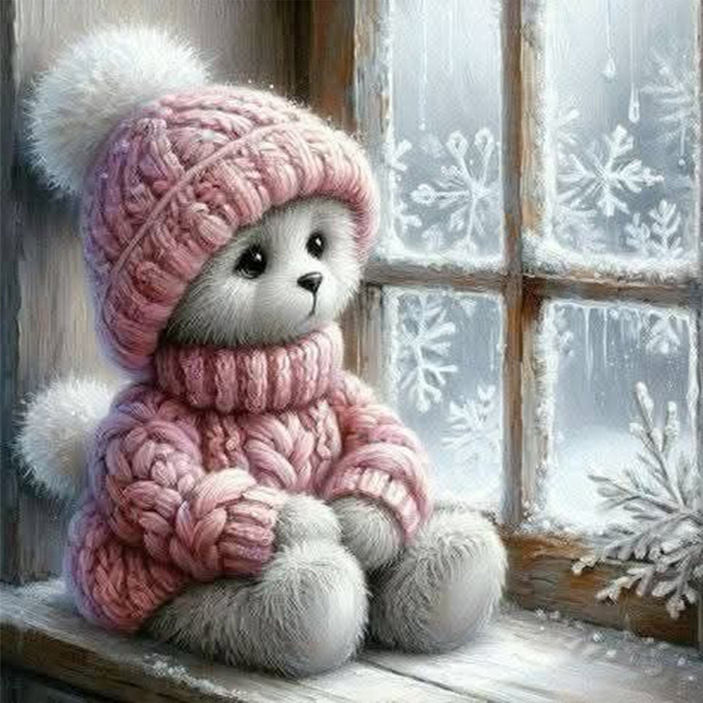 Bear By Window - Full 11CT Stamped Cross Stitch 40x40CM - Huacan