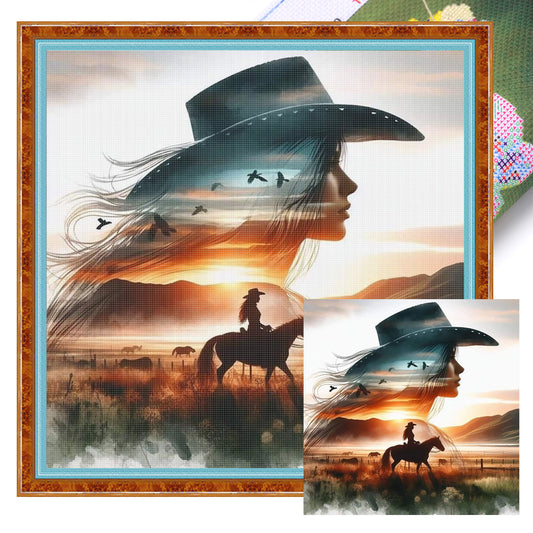 Silhouette Of Girl Riding Horse - Full 11CT Stamped Cross Stitch 50x50CM - Huacan