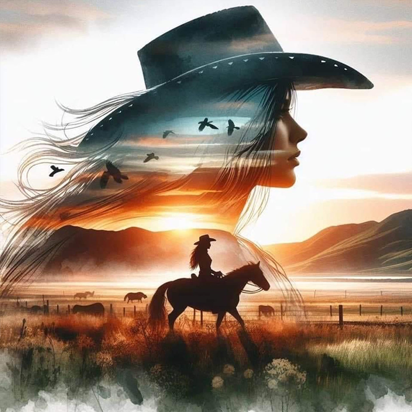 Silhouette Of Girl Riding Horse - Full 11CT Stamped Cross Stitch 50x50CM - Huacan