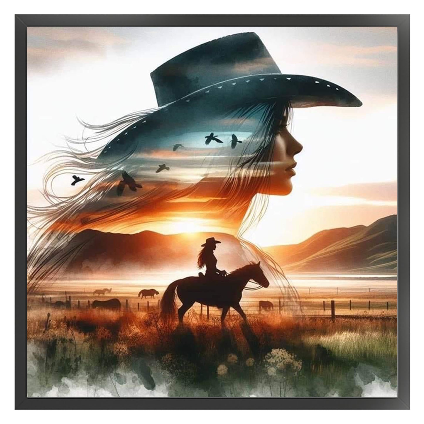 Silhouette Of Girl Riding Horse - Full 11CT Stamped Cross Stitch 50x50CM - Huacan