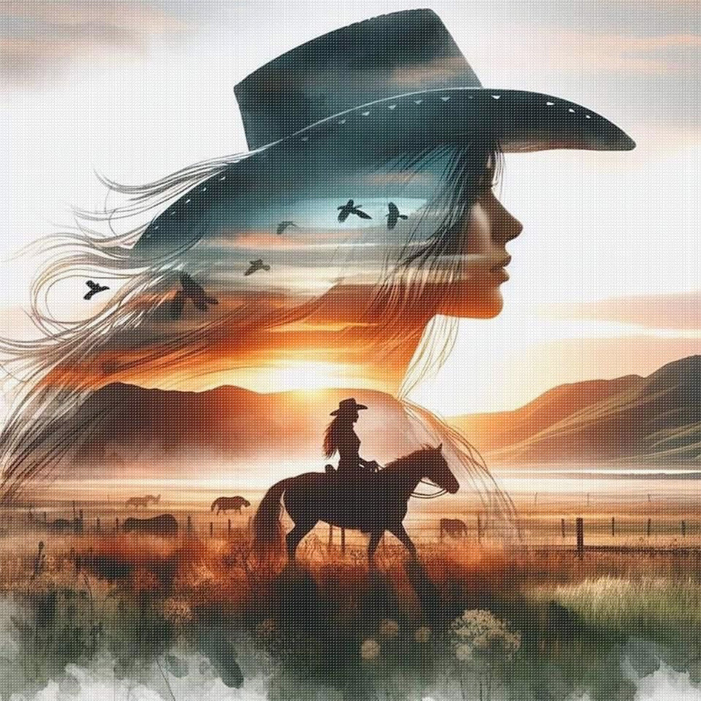 Silhouette Of Girl Riding Horse - Full 11CT Stamped Cross Stitch 50x50CM - Huacan
