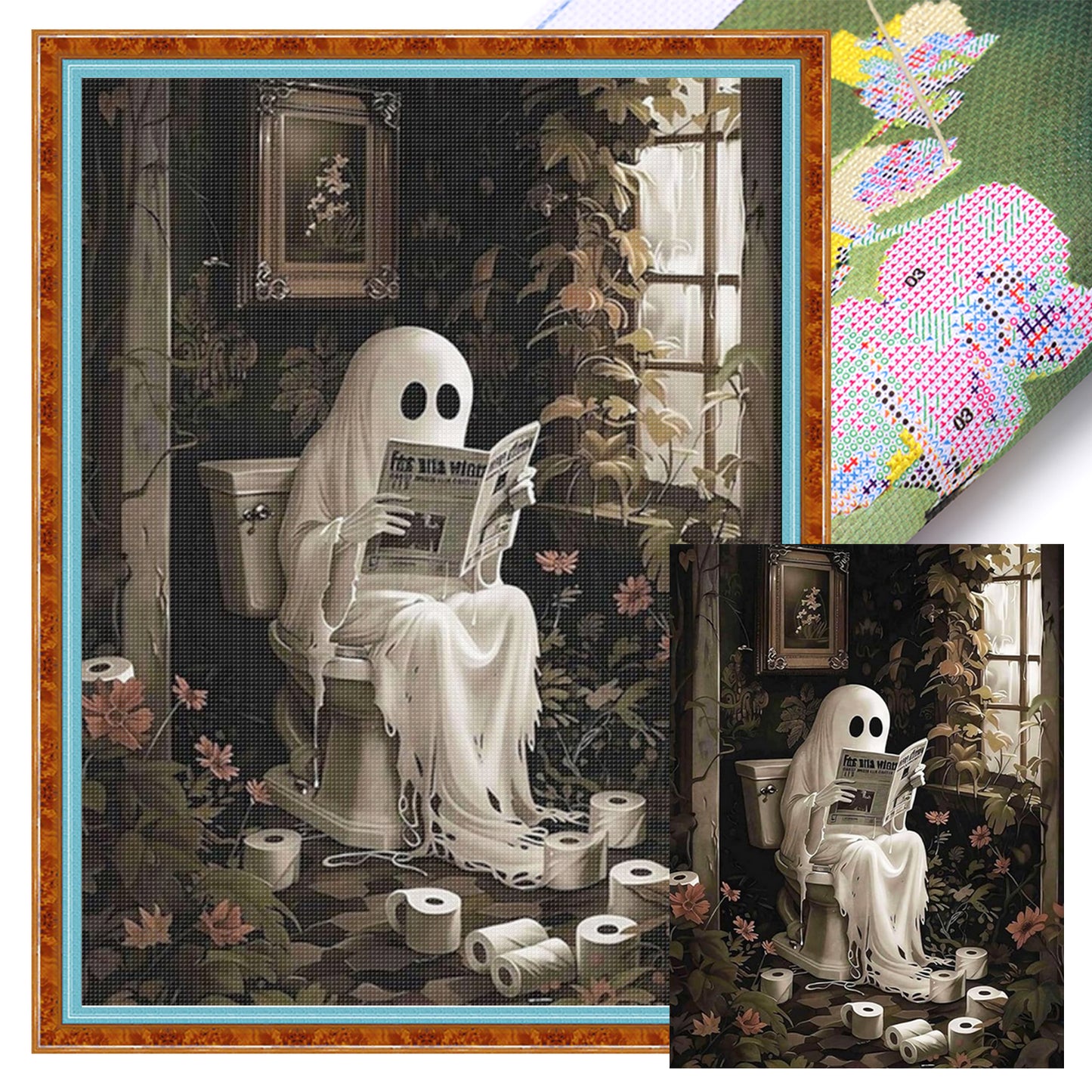 Newspaper-Reading Ghost - Full 11CT Stamped Cross Stitch 40x55CM - Yishu