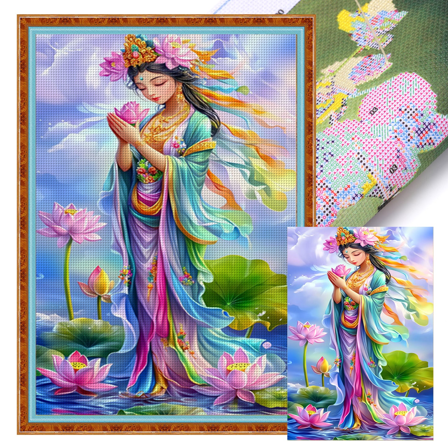 Golden Body Pink Lotus Guanyin - Full 11CT Stamped Cross Stitch 50x75CM - Mona Lisa