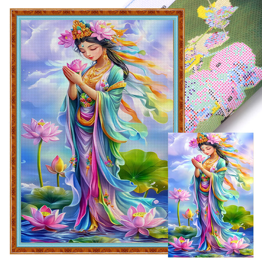Golden Body Pink Lotus Guanyin - Full 11CT Stamped Cross Stitch 50x75CM - Mona Lisa