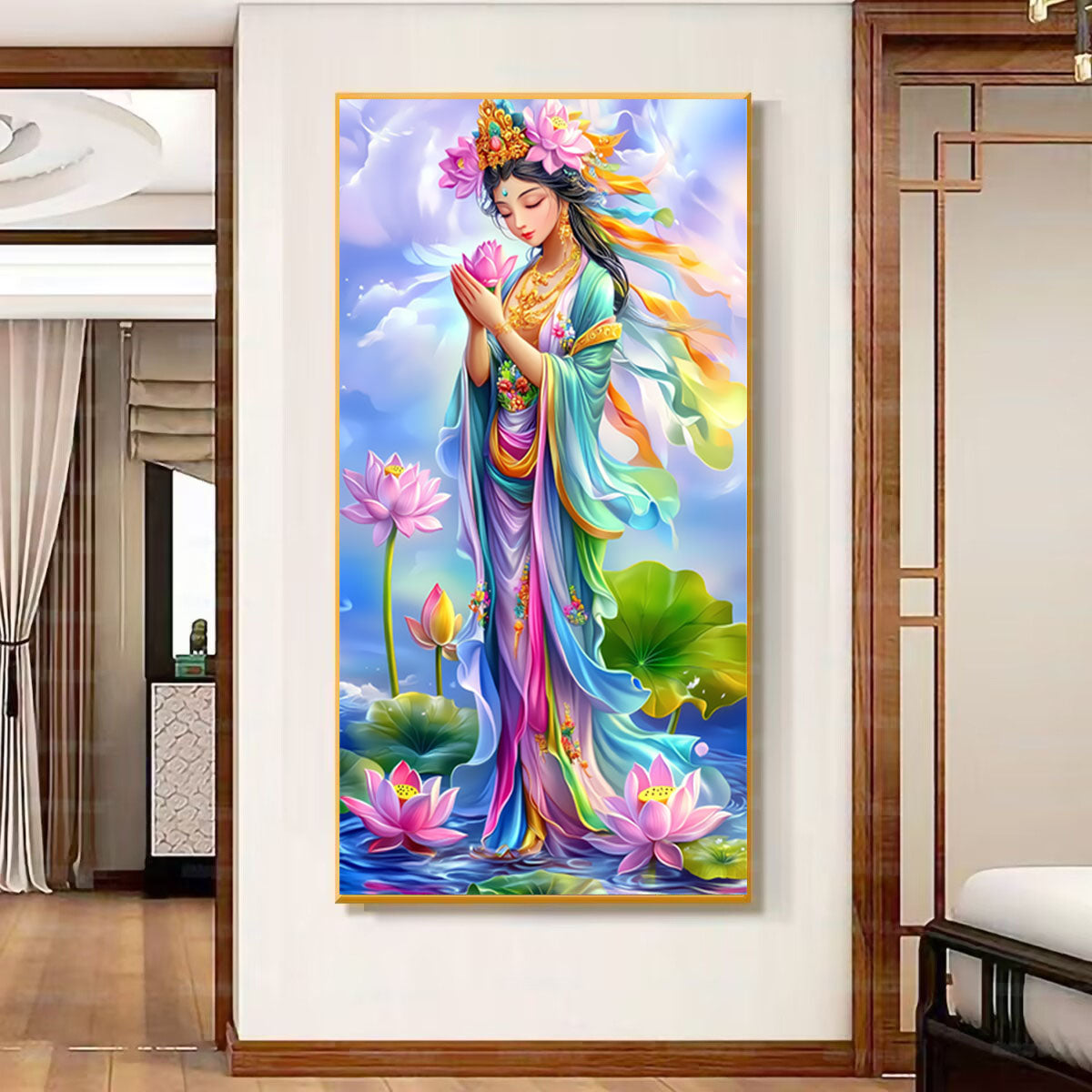 Golden Body Pink Lotus Guanyin - Full 11CT Stamped Cross Stitch 50x75CM - Mona Lisa
