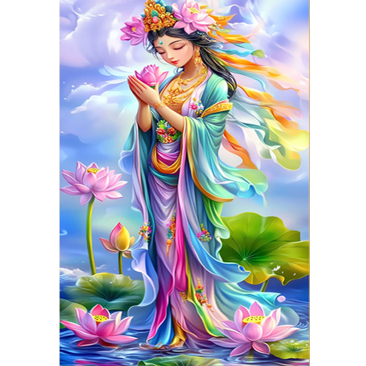Golden Body Pink Lotus Guanyin - Full 11CT Stamped Cross Stitch 50x75CM - Mona Lisa