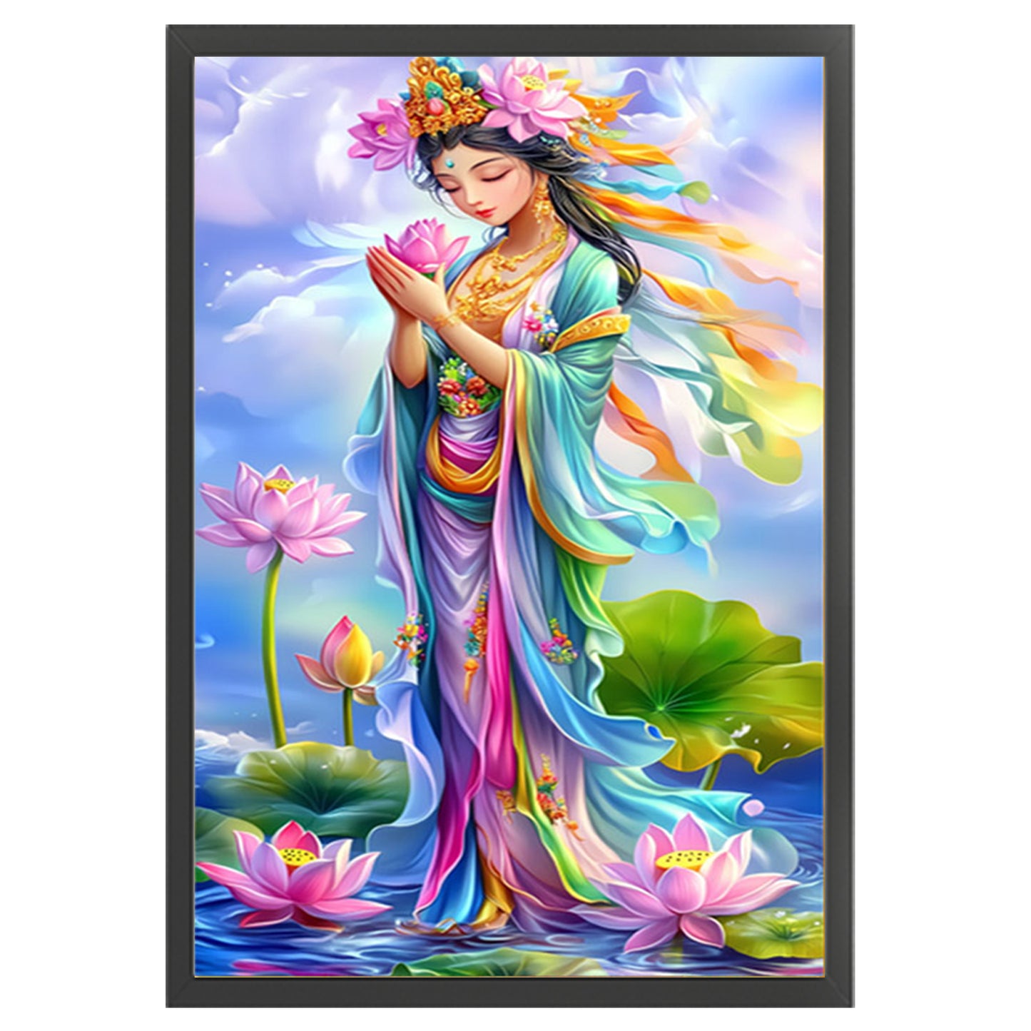 Golden Body Pink Lotus Guanyin - Full 11CT Stamped Cross Stitch 50x75CM - Mona Lisa