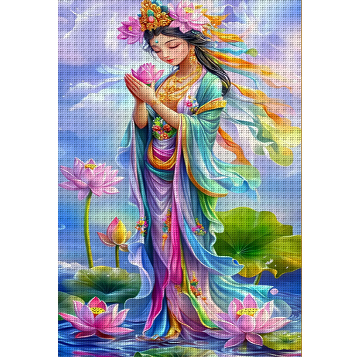 Golden Body Pink Lotus Guanyin - Full 11CT Stamped Cross Stitch 50x75CM - Mona Lisa