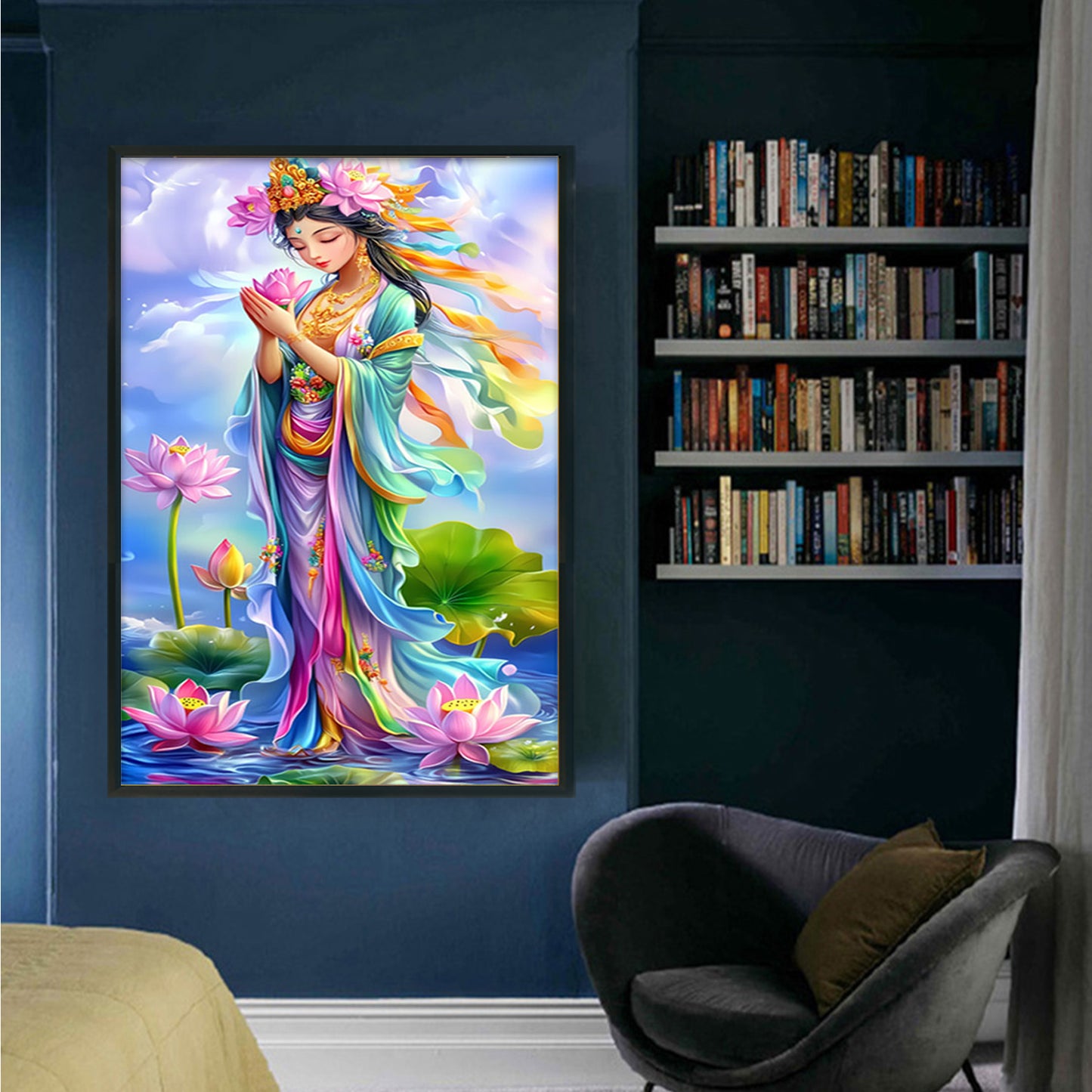 Golden Body Pink Lotus Guanyin - Full 11CT Stamped Cross Stitch 50x75CM - Mona Lisa