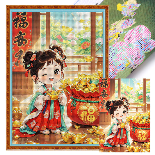 Lucky Bag Girl With Blessing - Full 11CT Stamped Cross Stitch 50x70CM - Mona Lisa