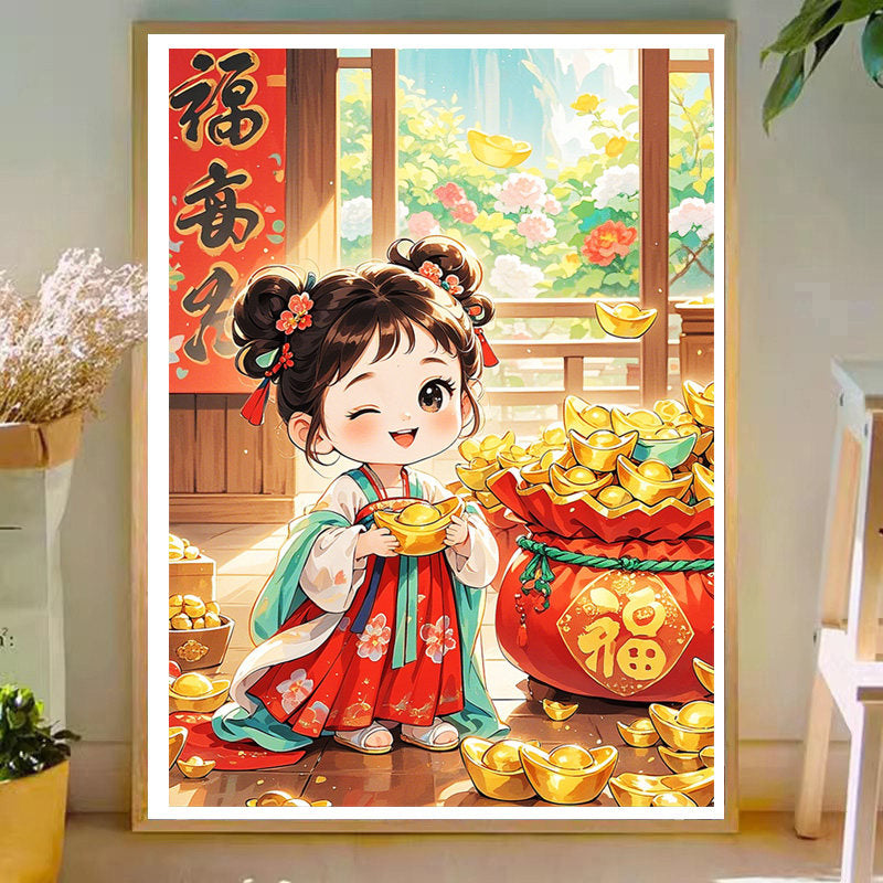 Lucky Bag Girl With Blessing - Full 11CT Stamped Cross Stitch 50x70CM - Mona Lisa