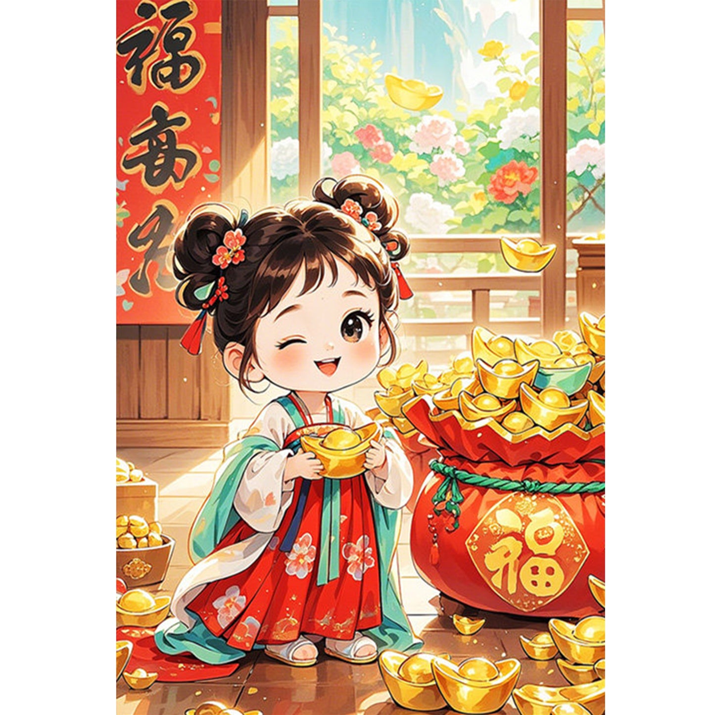 Lucky Bag Girl With Blessing - Full 11CT Stamped Cross Stitch 50x70CM - Mona Lisa