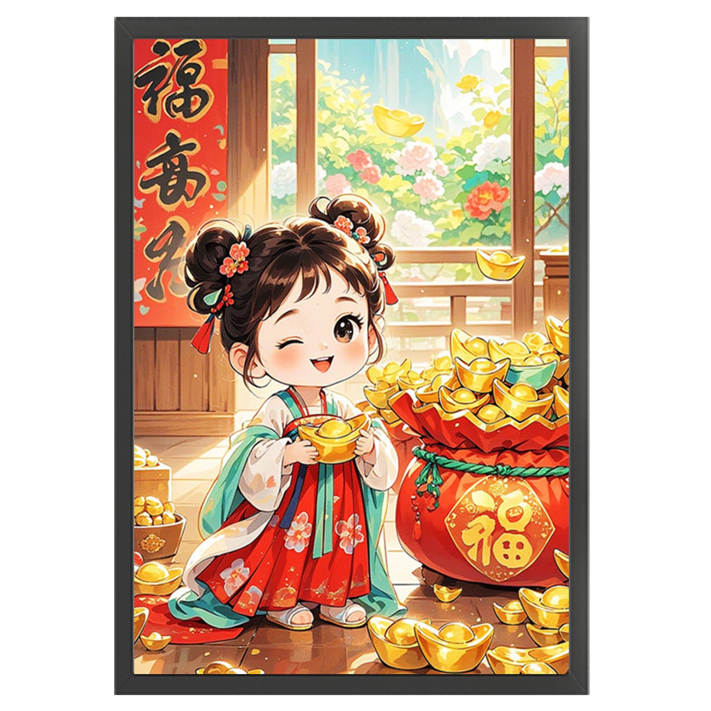 Lucky Bag Girl With Blessing - Full 11CT Stamped Cross Stitch 50x70CM - Mona Lisa