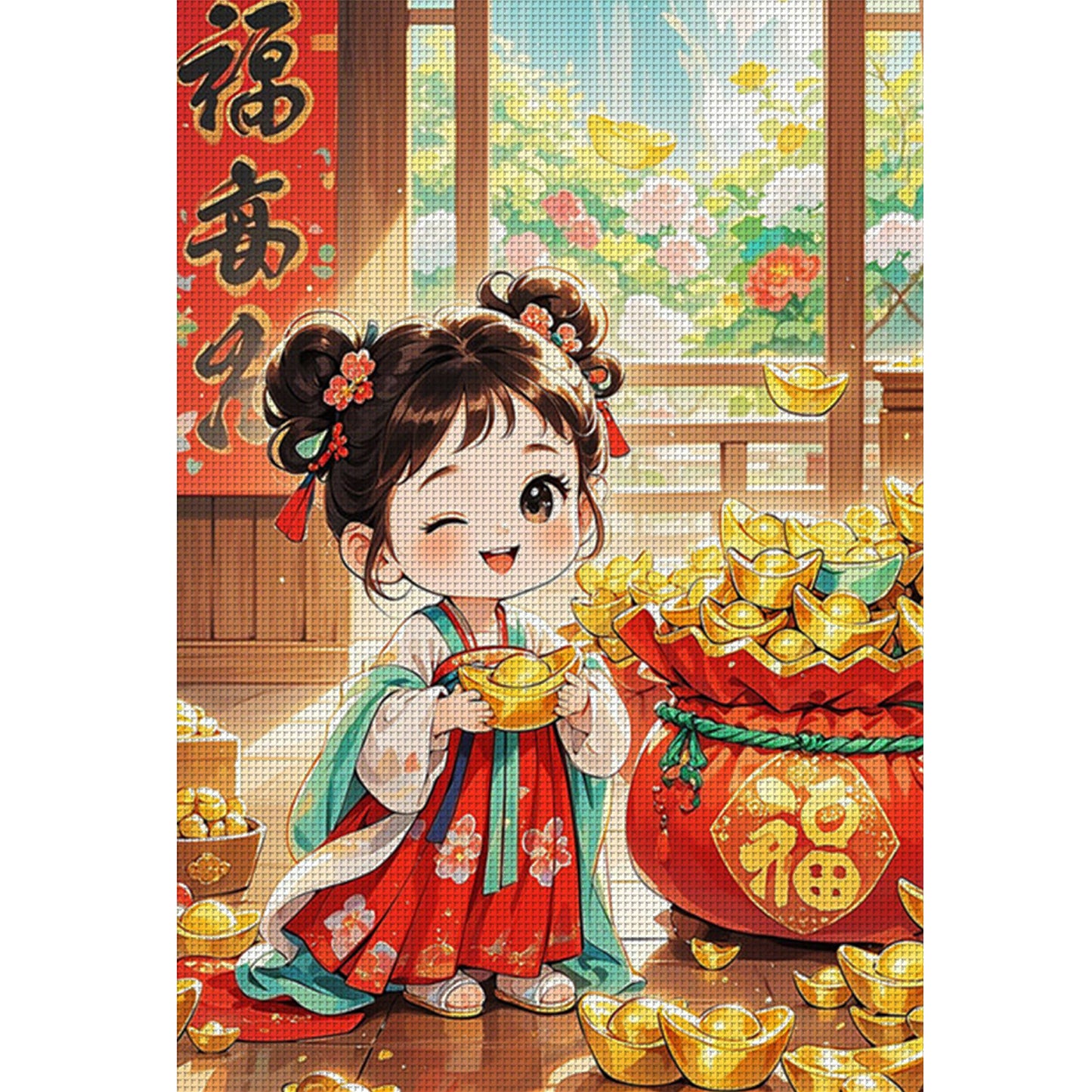 Lucky Bag Girl With Blessing - Full 11CT Stamped Cross Stitch 50x70CM - Mona Lisa