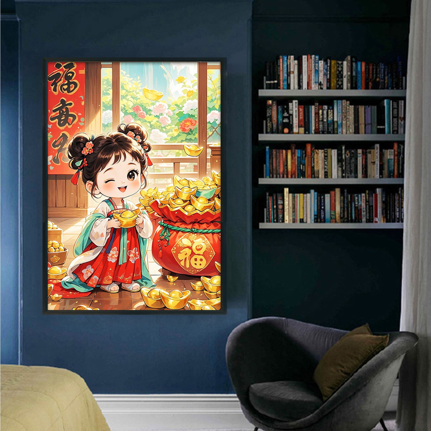 Lucky Bag Girl With Blessing - Full 11CT Stamped Cross Stitch 50x70CM - Mona Lisa