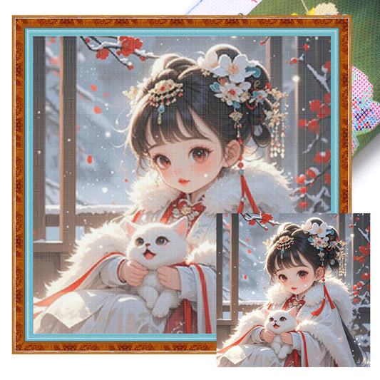 Girl And Cat - Full 11CT Stamped Cross Stitch 50x50CM - Mona Lisa