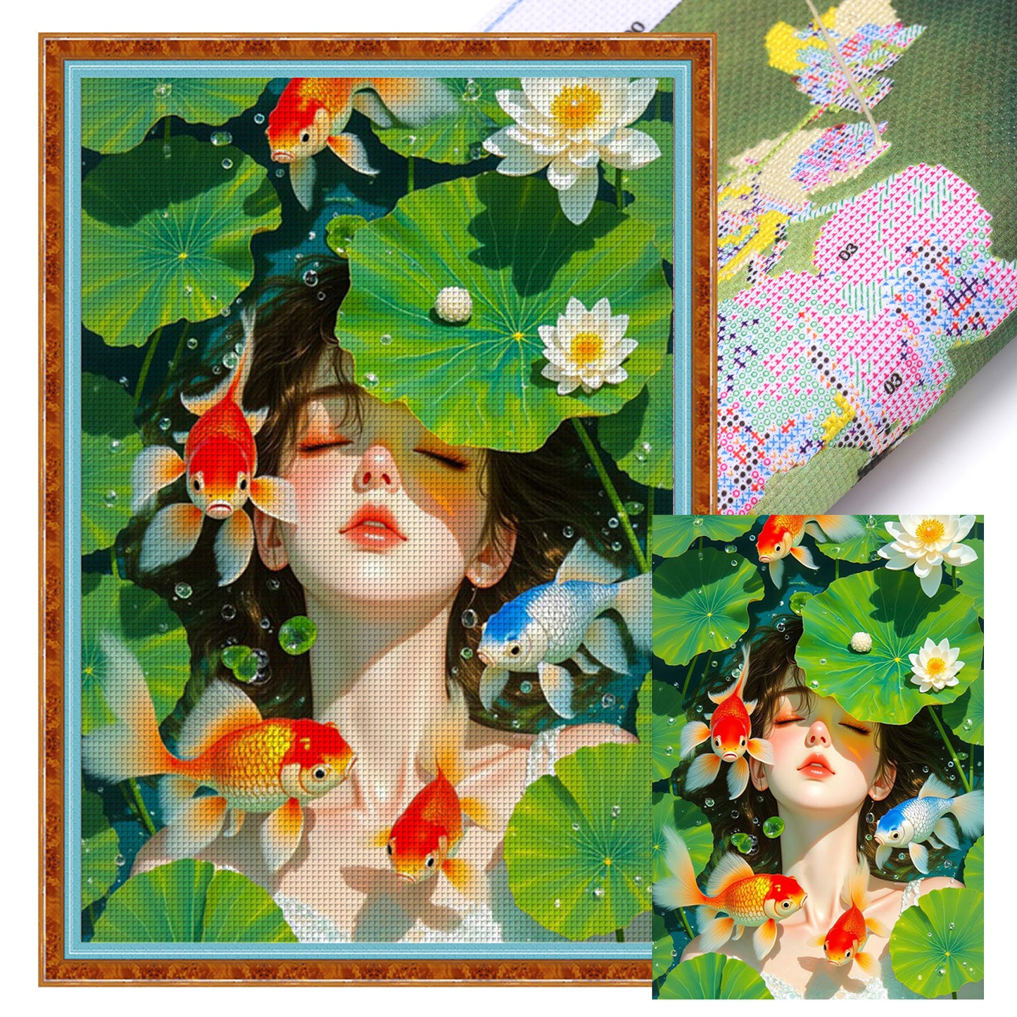 Goldfish And Lotus Girl - Full 11CT Stamped Cross Stitch 50x70CM - Mona Lisa