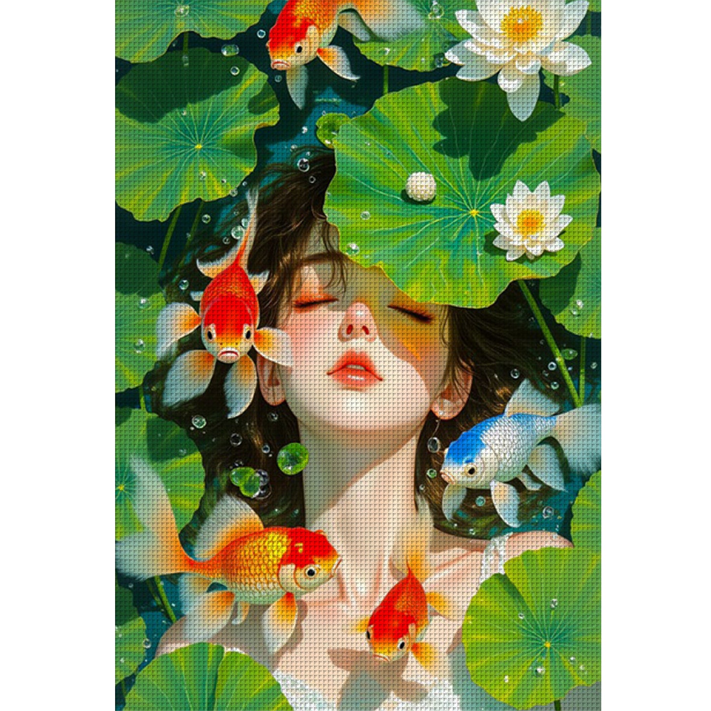 Goldfish And Lotus Girl - Full 11CT Stamped Cross Stitch 50x70CM - Mona Lisa
