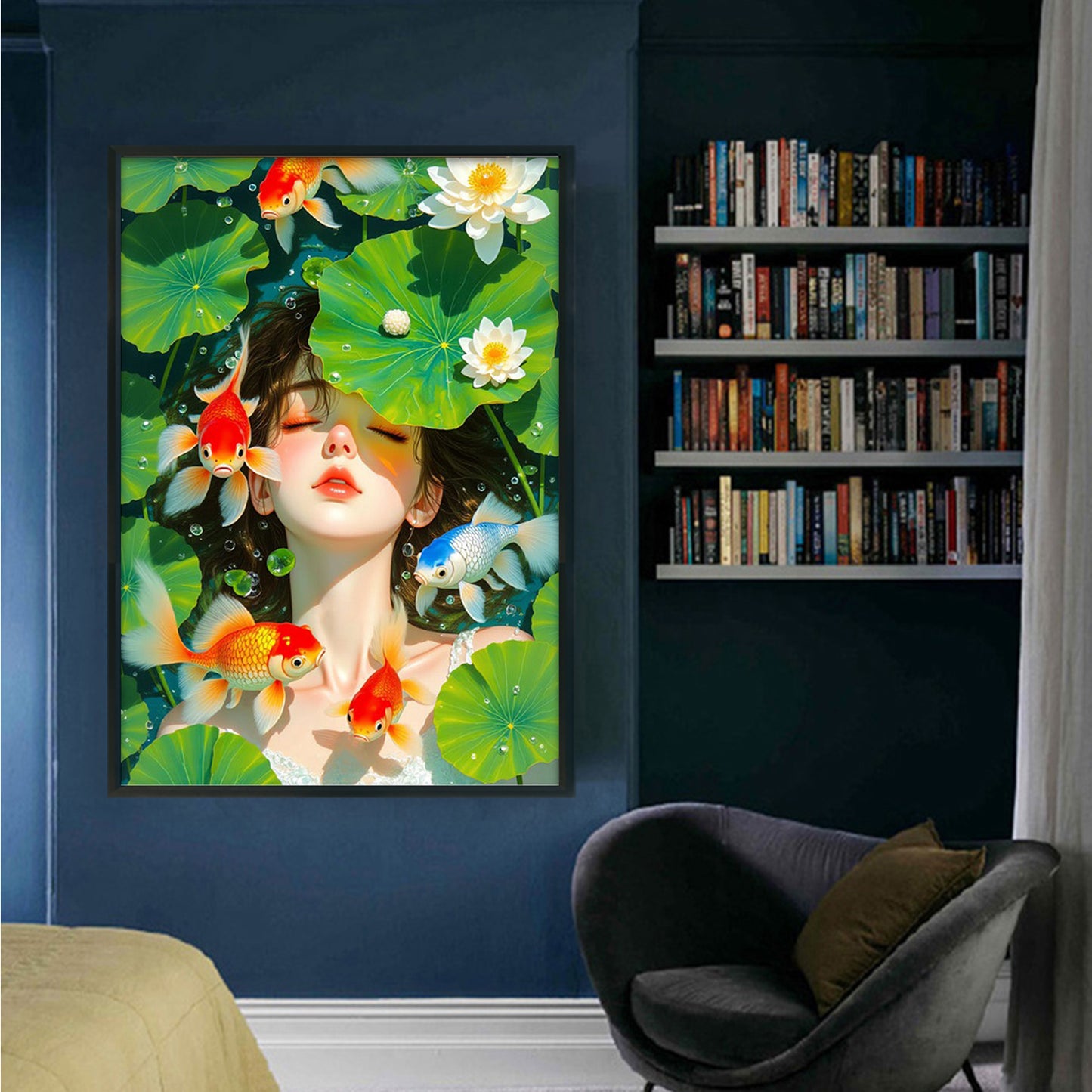 Goldfish And Lotus Girl - Full 11CT Stamped Cross Stitch 50x70CM - Mona Lisa