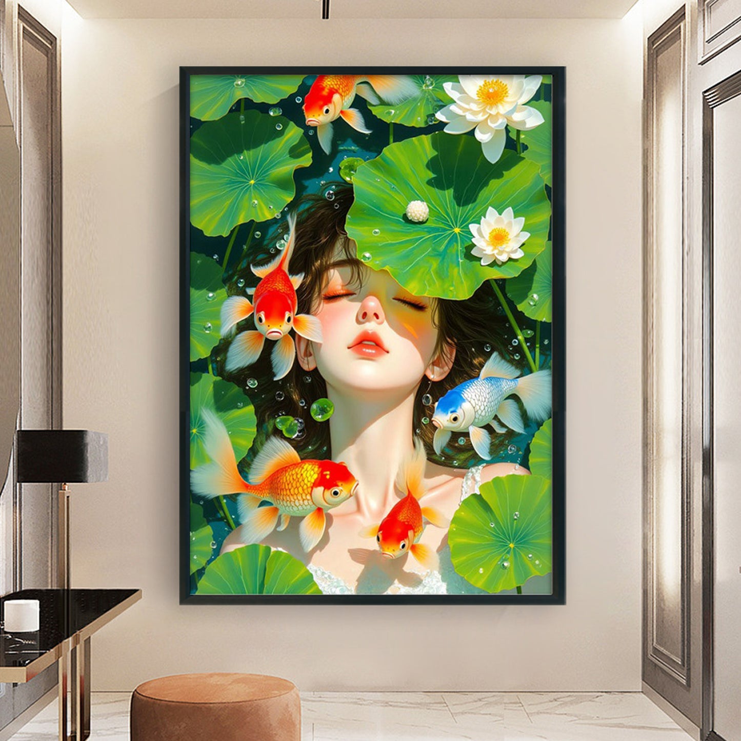Goldfish And Lotus Girl - Full 11CT Stamped Cross Stitch 50x70CM - Mona Lisa