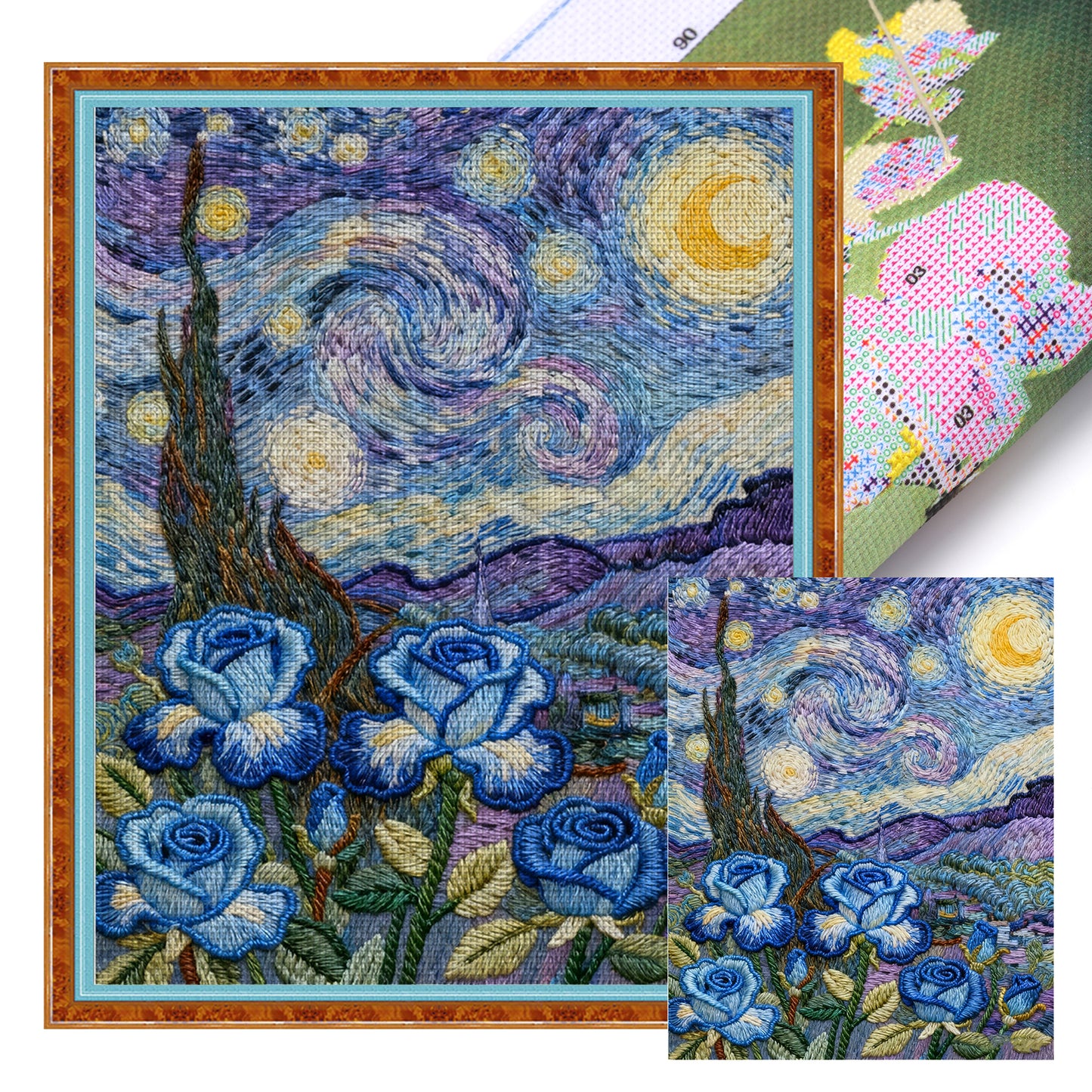 Van Gogh - Blue Rose - Full 11CT Stamped Cross Stitch 40x50CM - Huacan