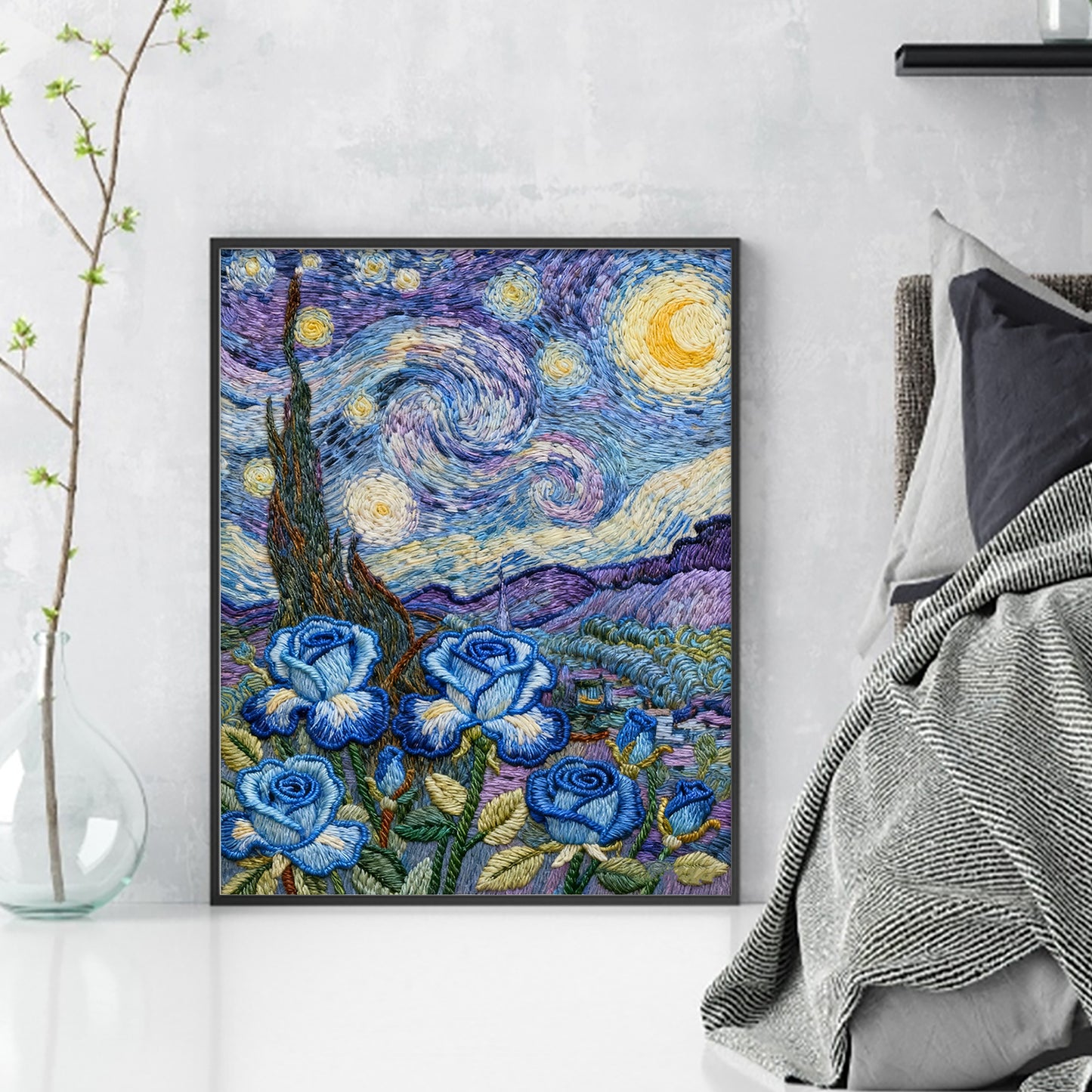 Van Gogh - Blue Rose - Full 11CT Stamped Cross Stitch 40x50CM - Huacan