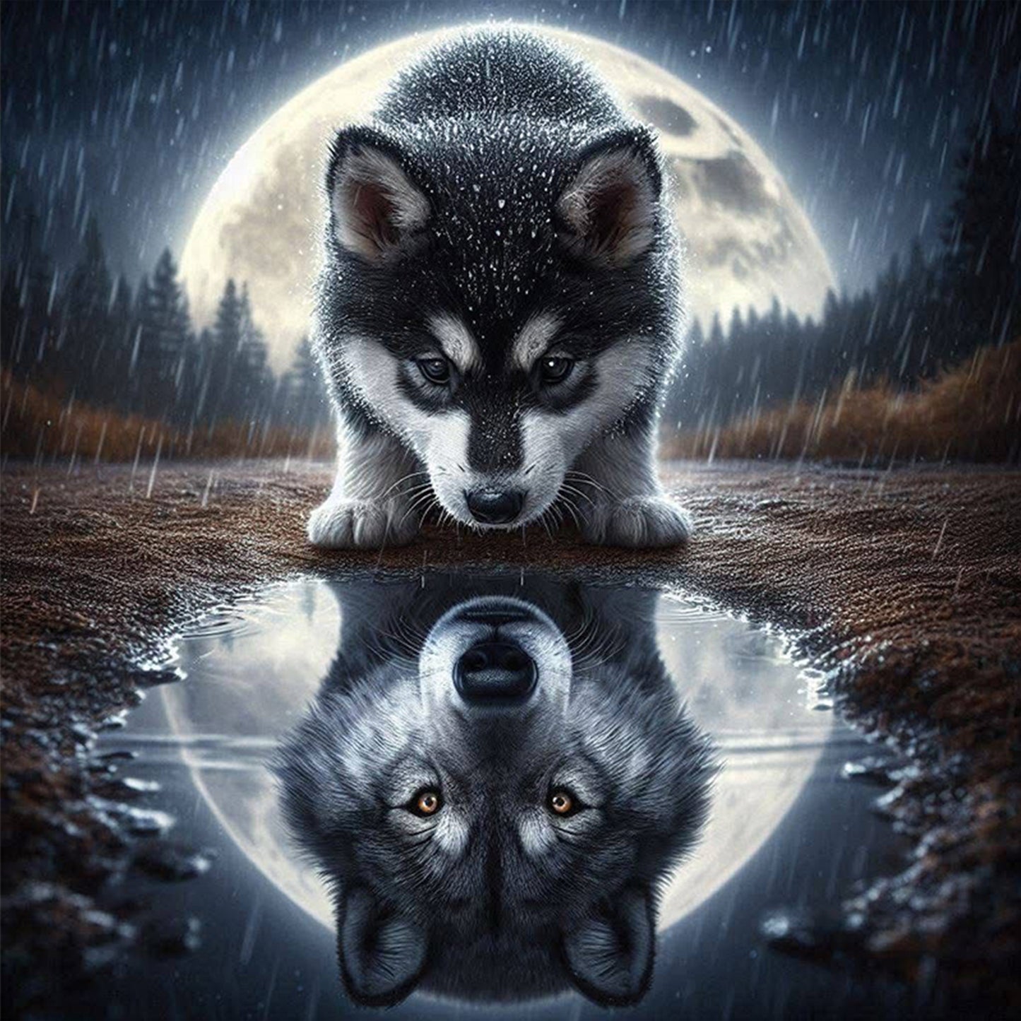 Reflected Wolf - Full 11CT Stamped Cross Stitch 45x45CM - Huacan