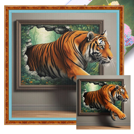 Tiger In Painting - Full 11CT Stamped Cross Stitch 45x45CM - Huacan