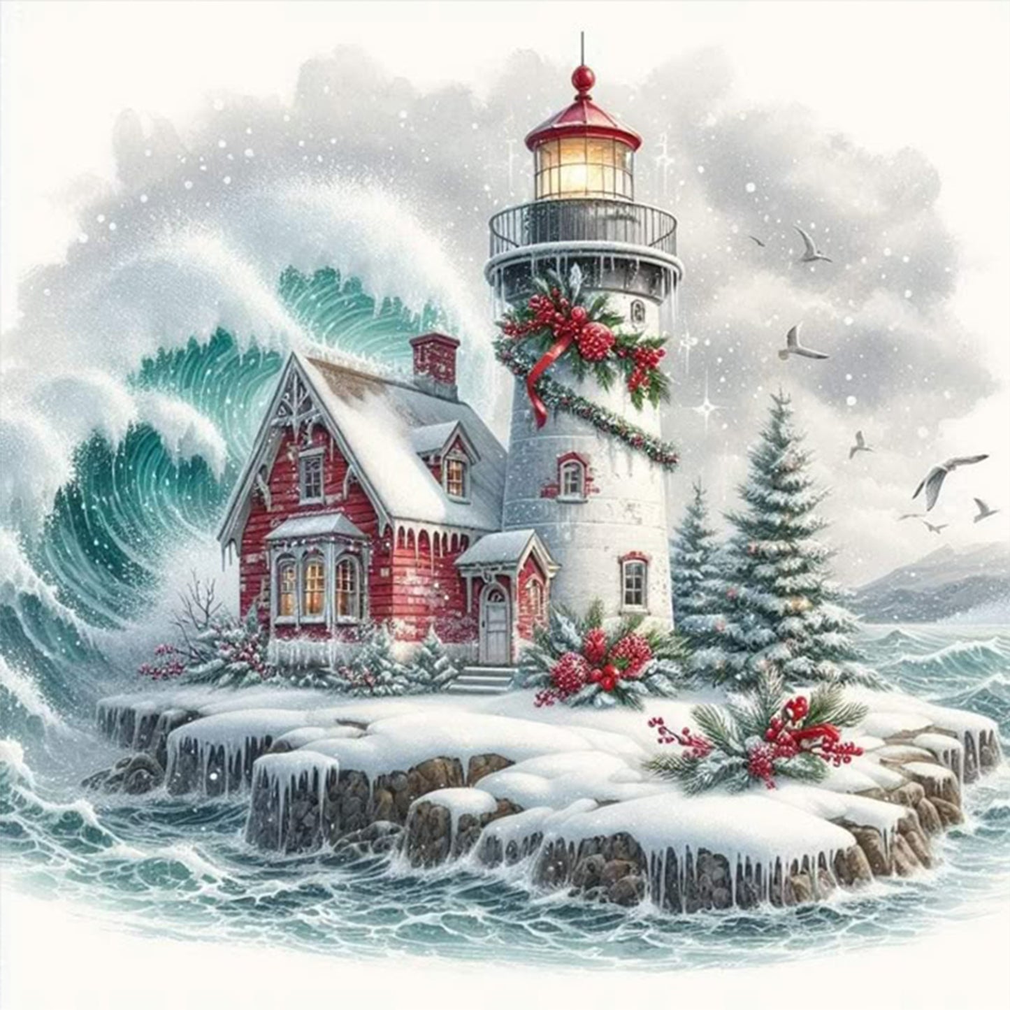 Winter Lighthouse - Full 11CT Counted Cross Stitch 45x45CM - Yishu