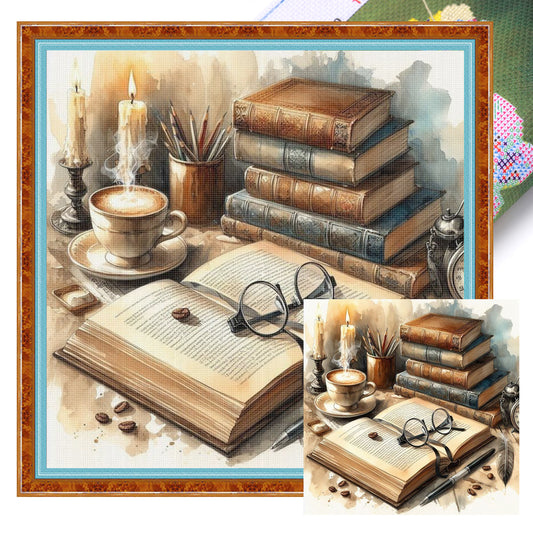 Books And Coffee - Full 11CT Stamped Cross Stitch 40x40CM - Yishu