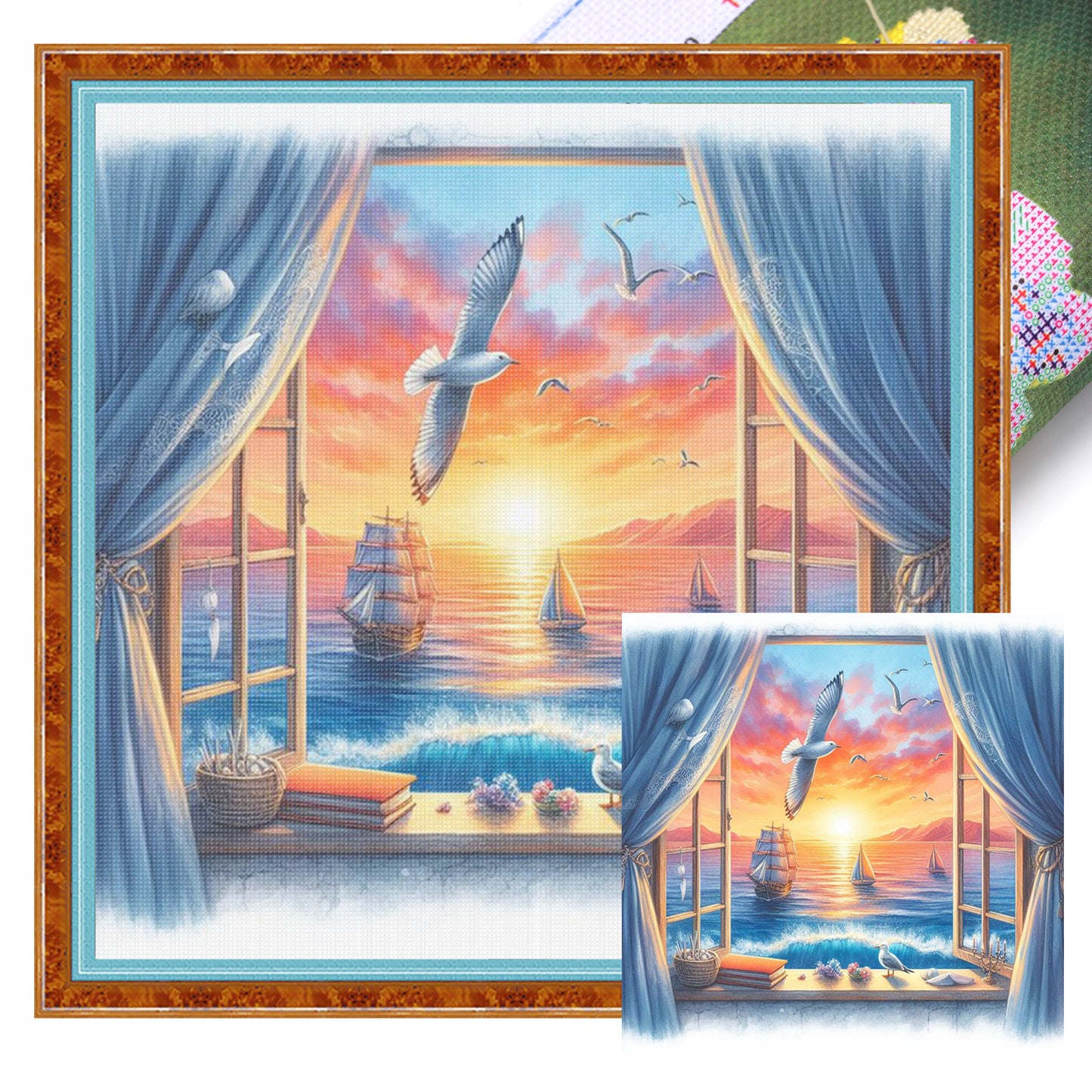 Seaview Outside Window - Full 11CT Stamped Cross Stitch 40x40CM - Huacan