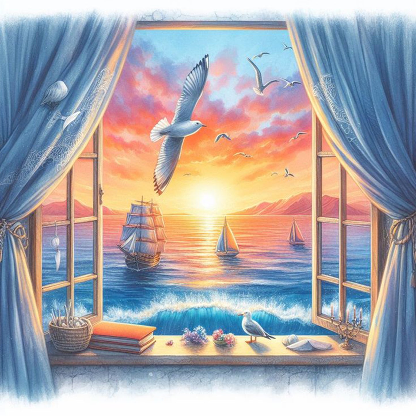 Seaview Outside Window - Full 11CT Stamped Cross Stitch 40x40CM - Huacan