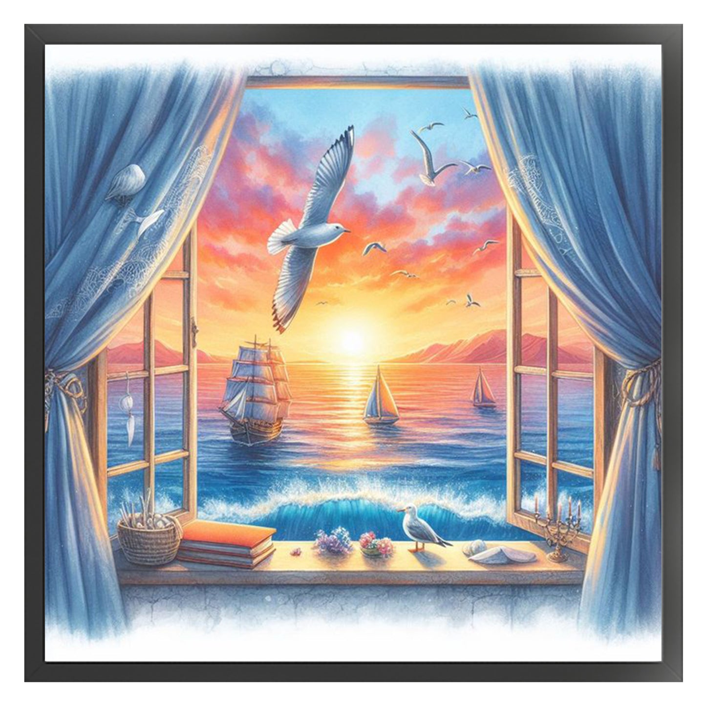 Seaview Outside Window - Full 11CT Stamped Cross Stitch 40x40CM - Huacan