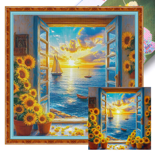 Summer View Outside Window - Full 11CT Stamped Cross Stitch 40x40CM - Huacan