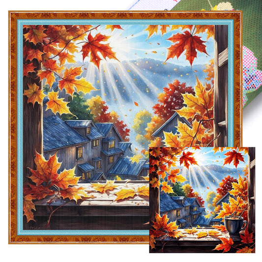 Autumn View Outside Window - Full 11CT Stamped Cross Stitch 40x40CM - Huacan