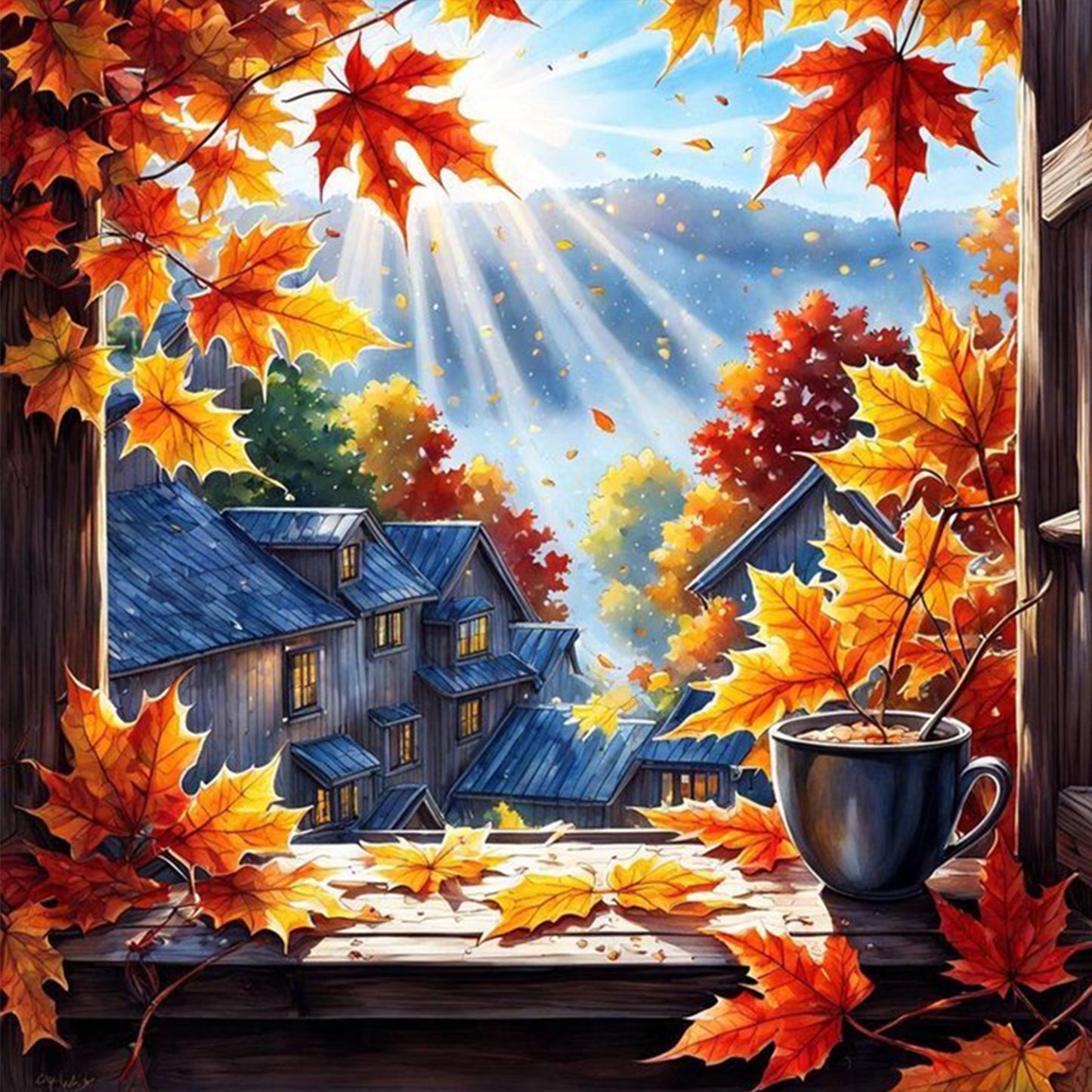 Autumn View Outside Window - Full 11CT Stamped Cross Stitch 40x40CM - Huacan