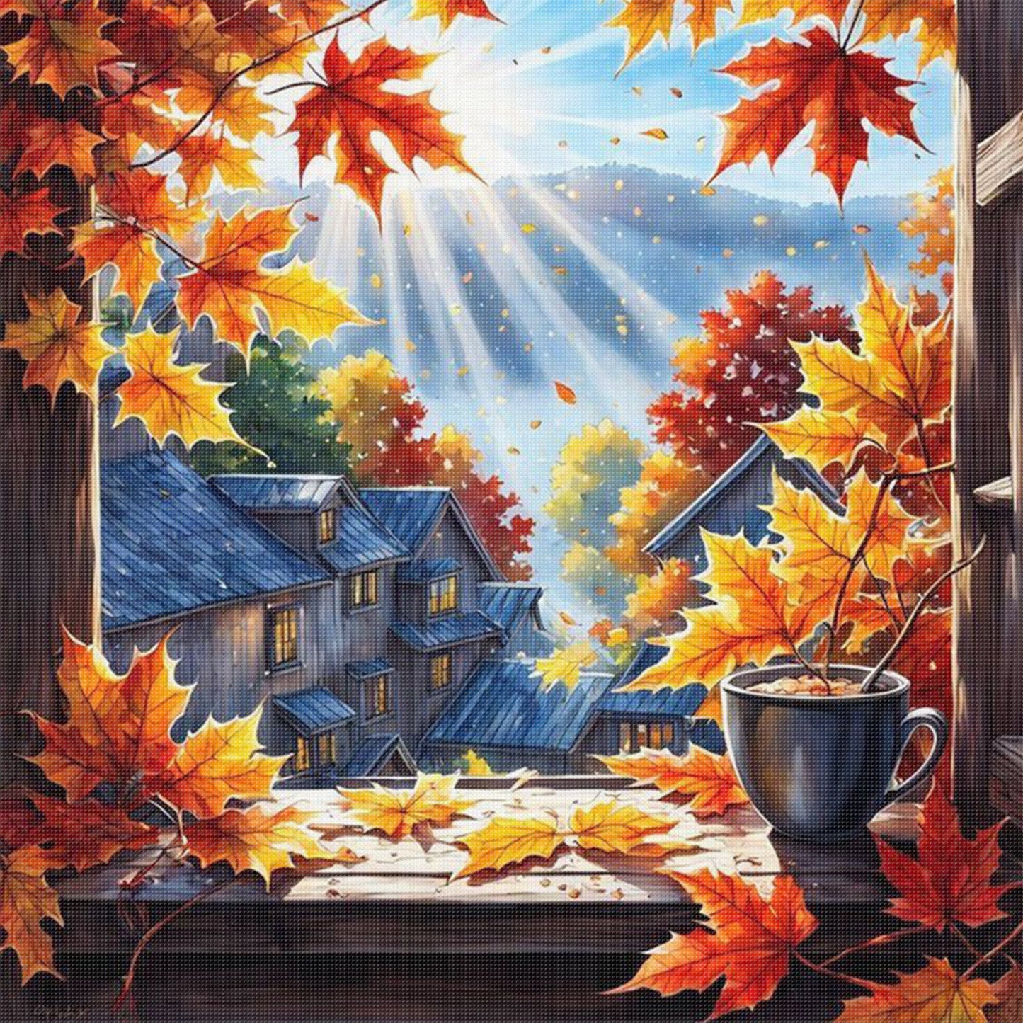 Autumn View Outside Window - Full 11CT Stamped Cross Stitch 40x40CM - Huacan